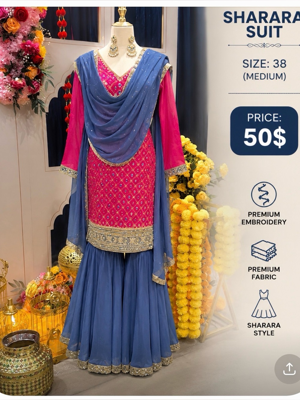 Unbranded Women’s Pink & Blue Embroidered Sharara Palazzo Set